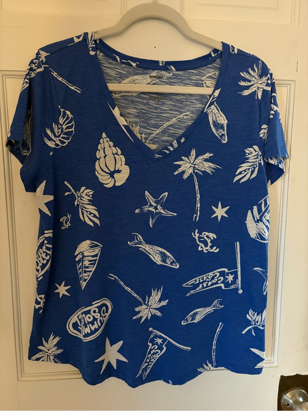 Sonoma Blue V-Neck Tee with White Coastal Motifs